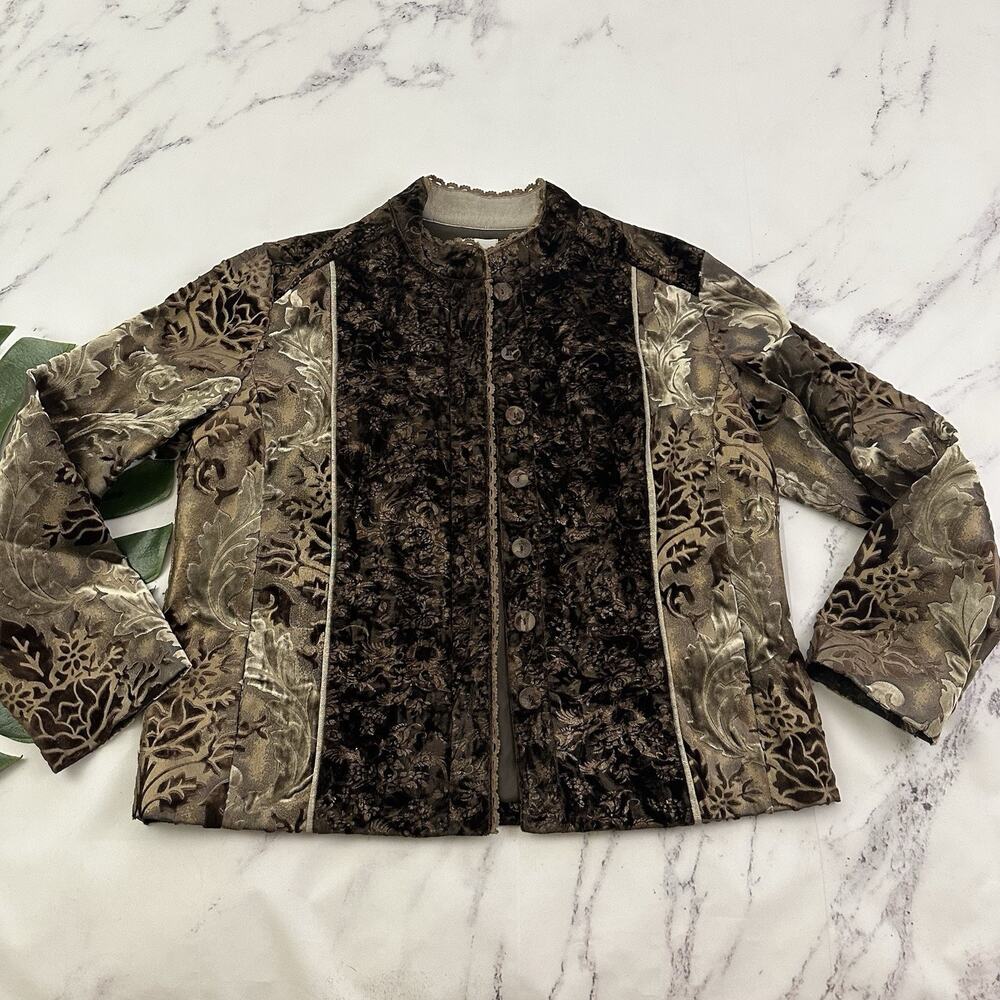 Chicos Womens Vintage y2k Velvet Jacket Size 2 M Gray Brown Jacquard Floral